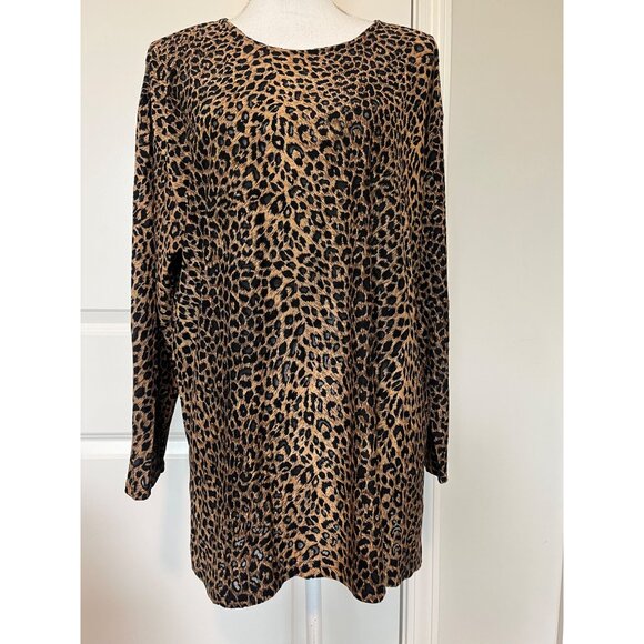 Vtg Sheer Maxima Leopard Print Long Sleeve Top Sz 2X USA Animal Tunic Slit Sides - Picture 1 of 7